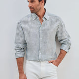 Classic Fit Leinenhemd Khaki Gestreift