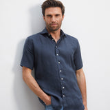 Classic Fit Kurzarm Leinenhemd Navy